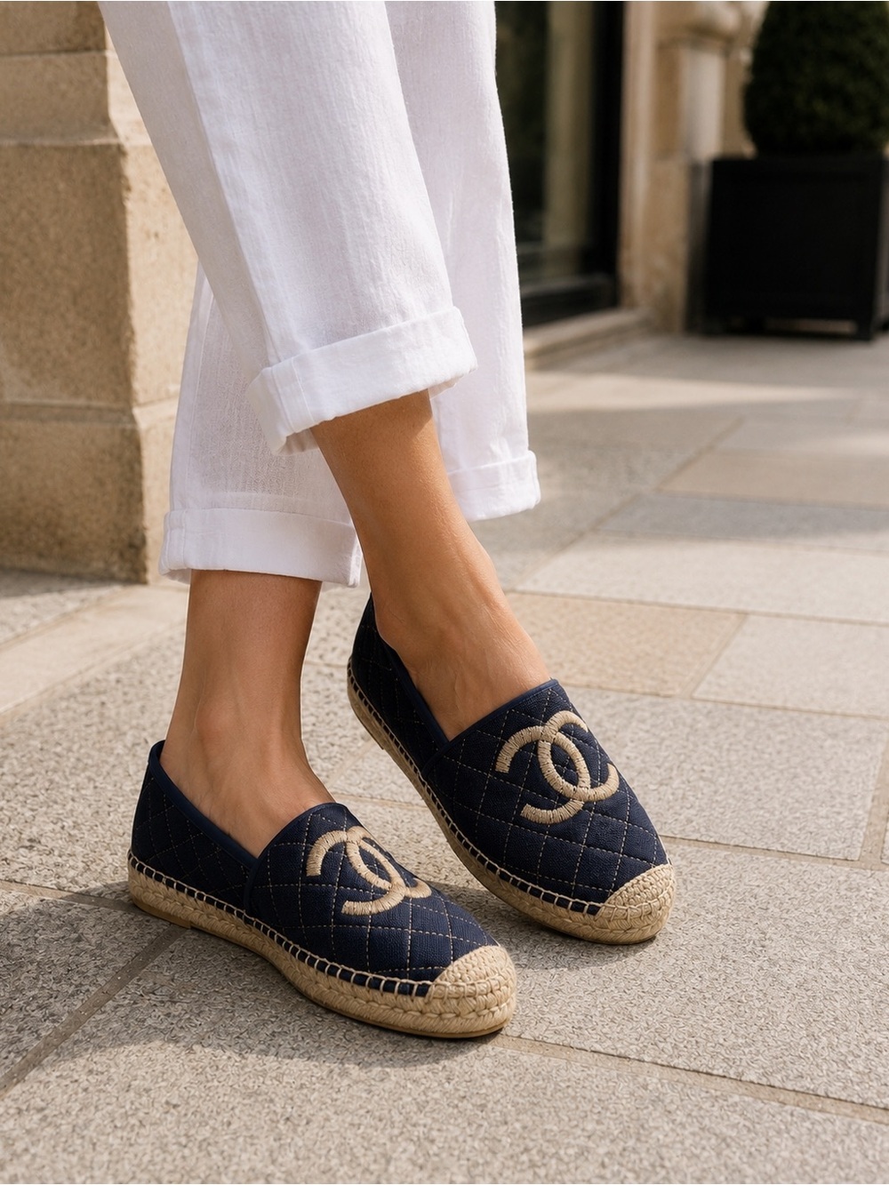 CHANEL G32910 Navy Quilted Canvas CC Espadrilles EU 36 Never Worn